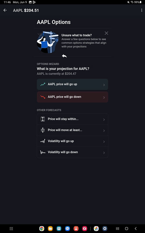 The options wizard select forecast screen on the Android Tablet